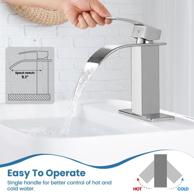 Airuida Chrome Polish Waterfall Spout Bathroom Faucet Single Handle Single Hole Bathroom Sink Faucet 1 or 3 Holes Rv Lavatory Vanity Faucet Basin Mixer Tap with Deck Plate and Supply Lines - Image 2